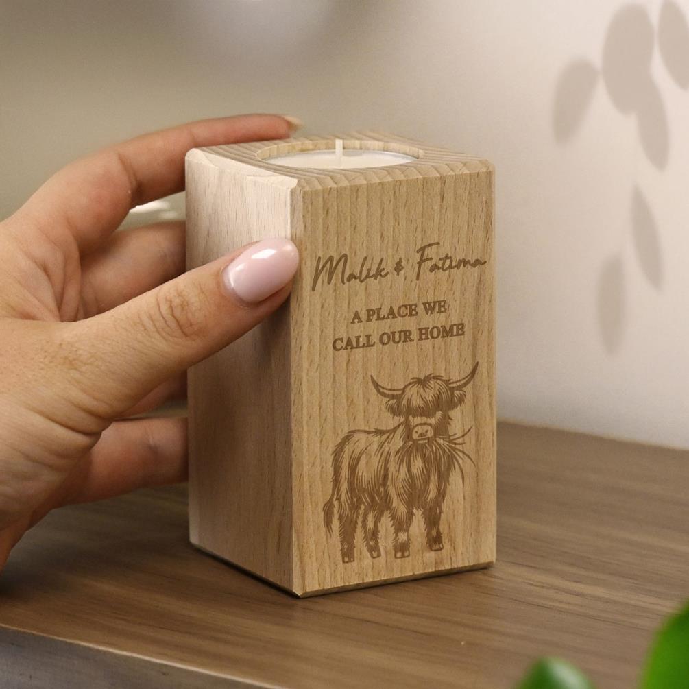 Personalised Highland Cow Wooden Tealight Holder Extra Image 2